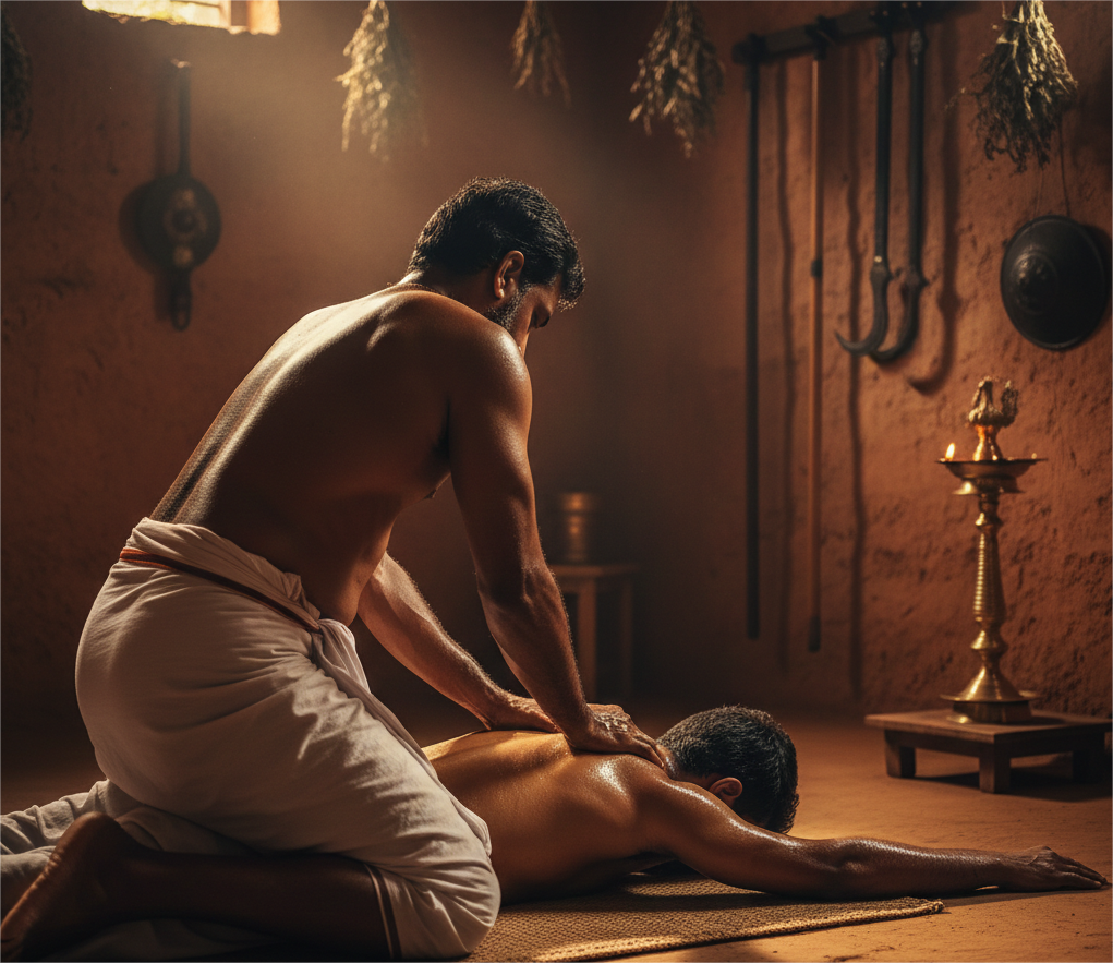 Kalari therapeutic practice demonstrating traditional technique